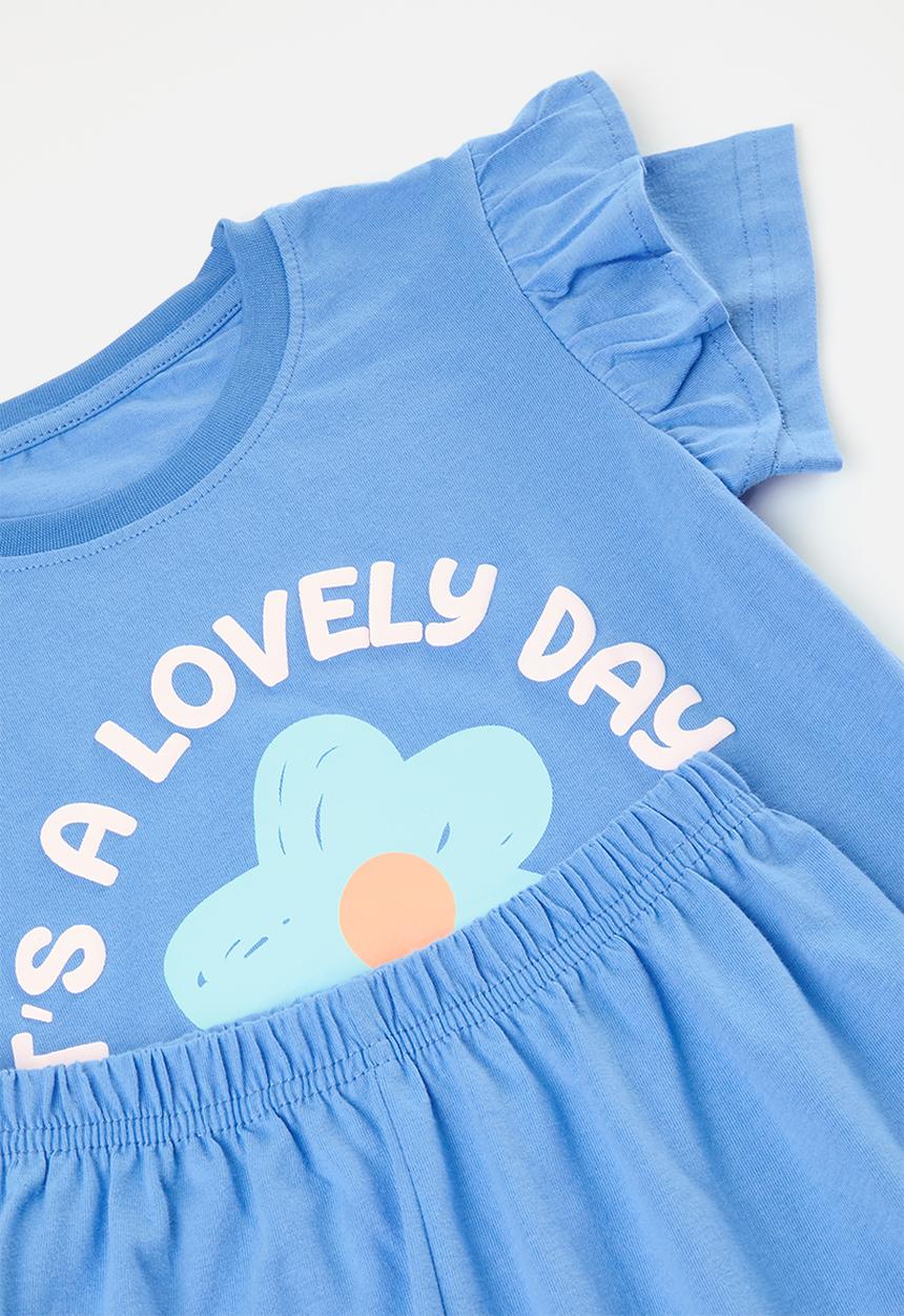 Pop Candy - Graphic and slogan ruffle tee with shorts - blue/its a lovely day