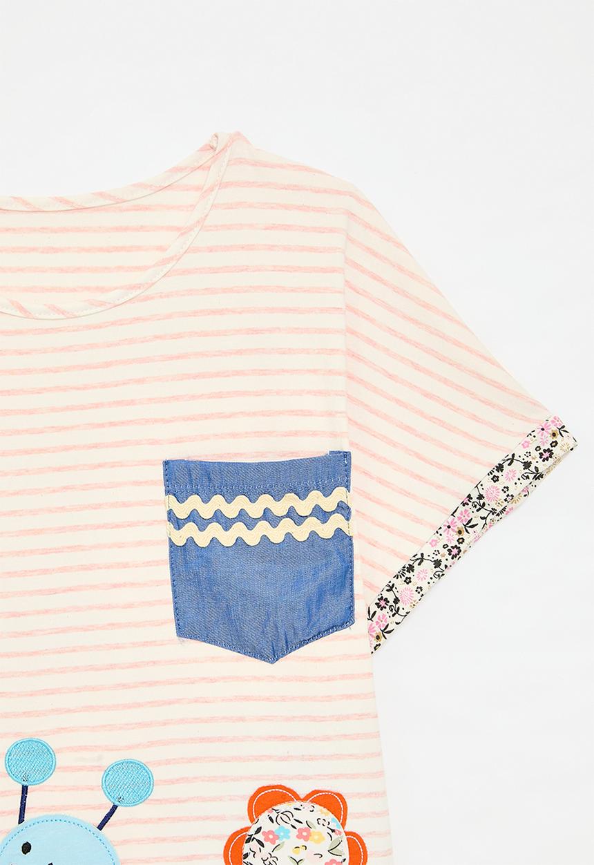 Pop Candy - Patchwork crew neck tee - neutral stripes/multi