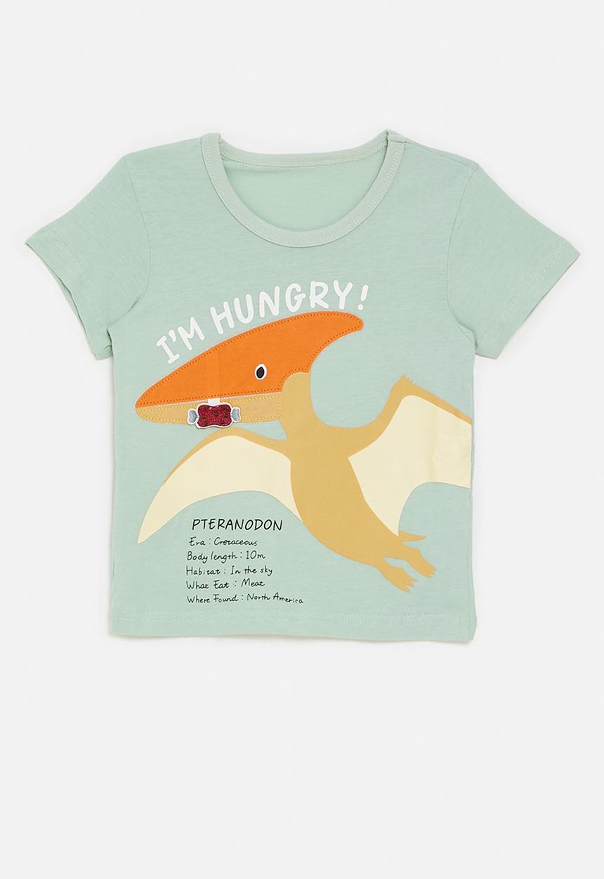 Pop Candy - Dino graphic and slogan tee - sage green/i'm hungry!
