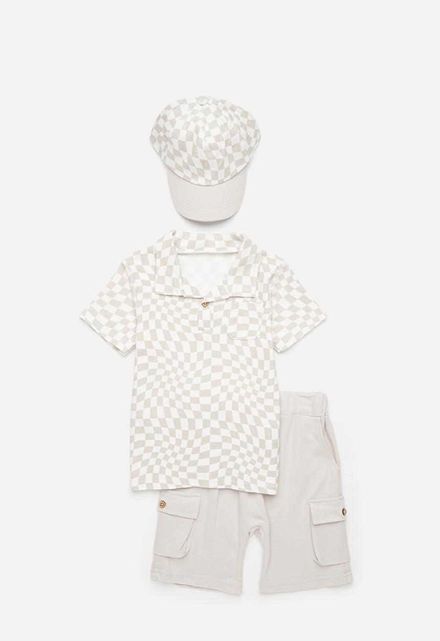 Pop Candy - Shirt & short set with cap - light green check/beige