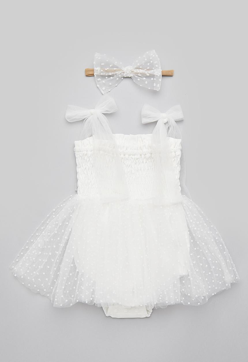 Pop Candy - Shirred bodice occasion dress & bow headband set - white