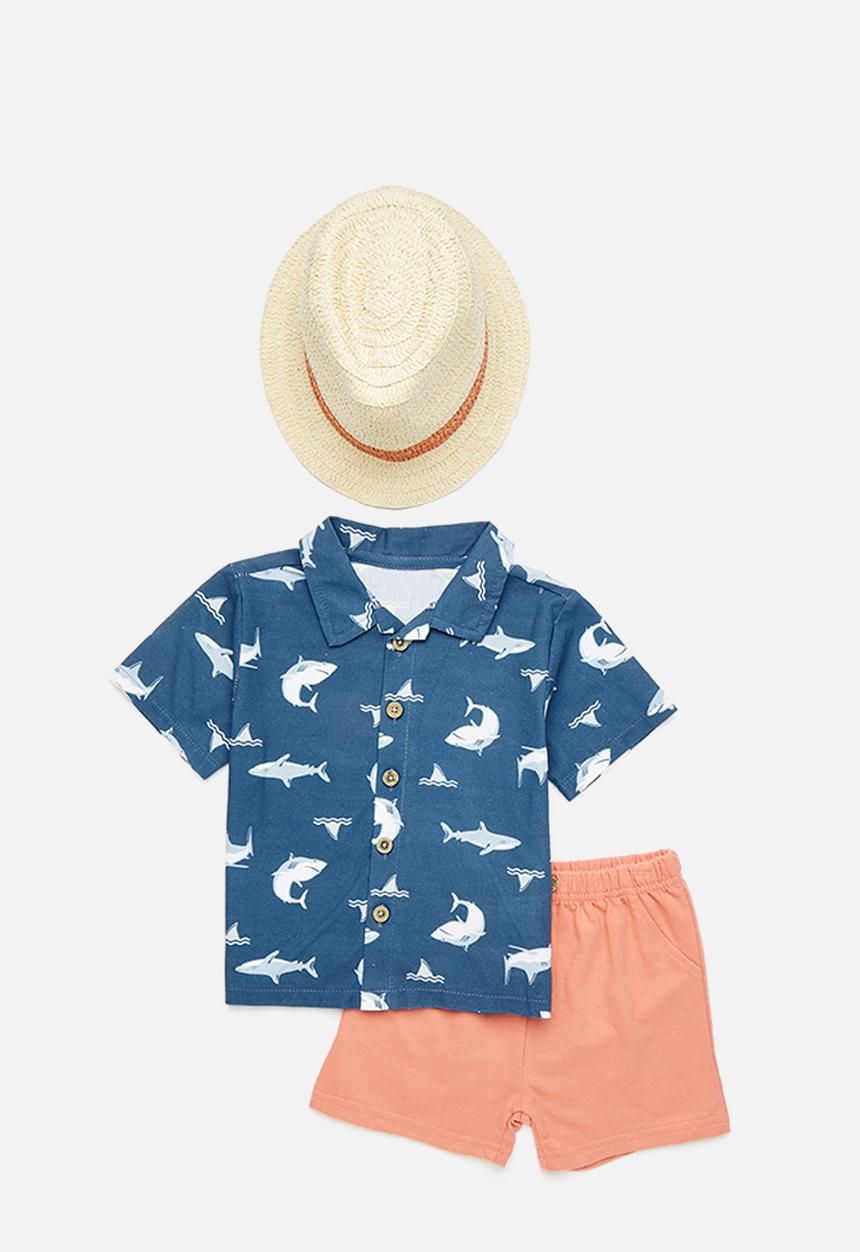 Pop Candy - Shirt & short set with panama hat - navy/sharks