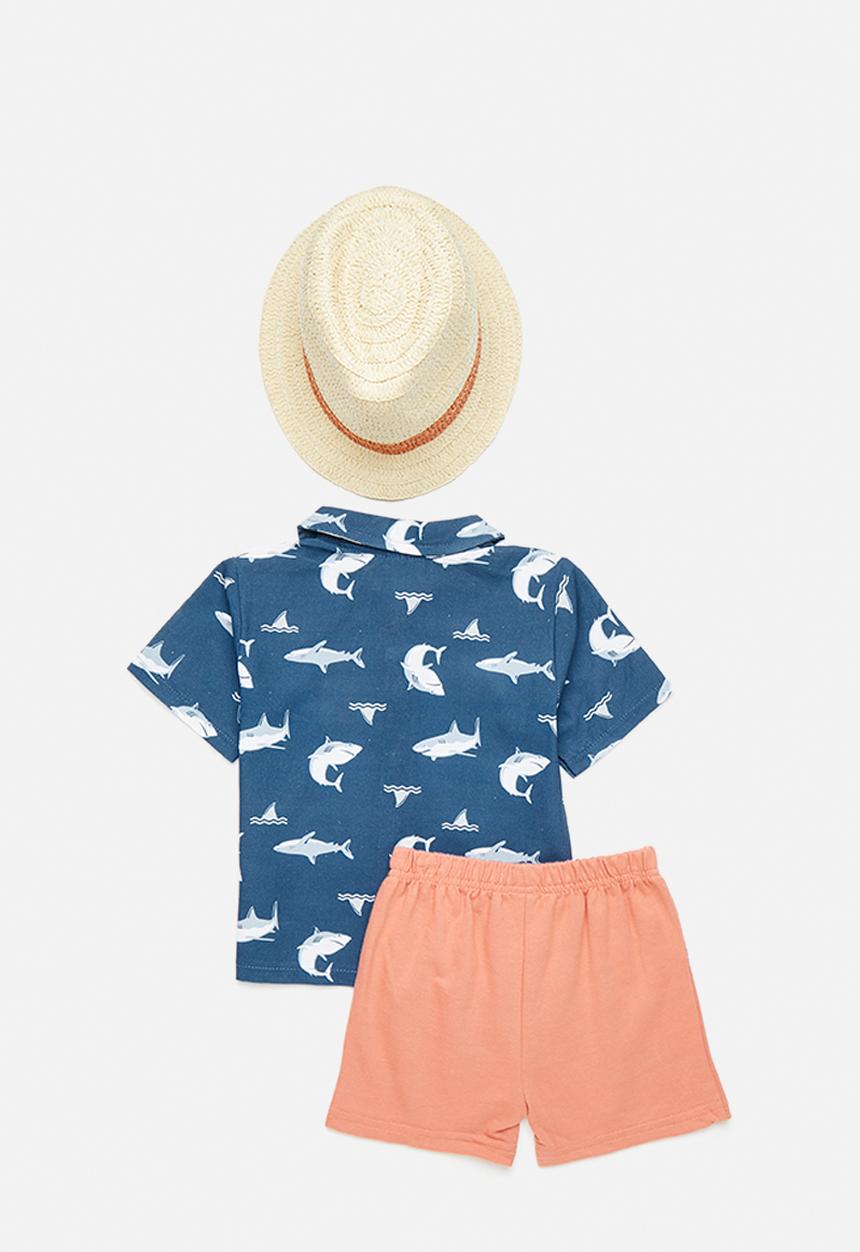 Pop Candy - Shirt & short set with panama hat - navy/sharks