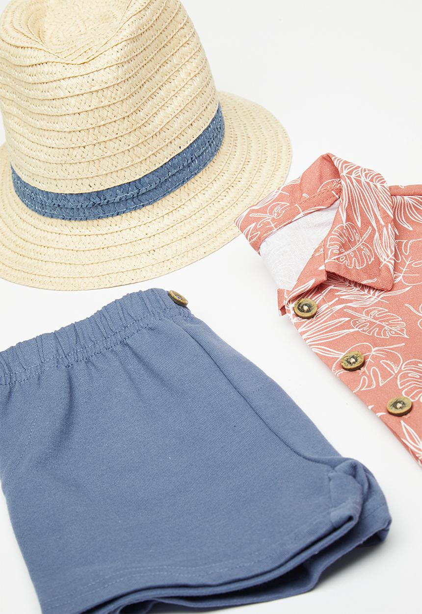 Pop Candy - Shirt & short set with panama hat - rusted brown/leaf print