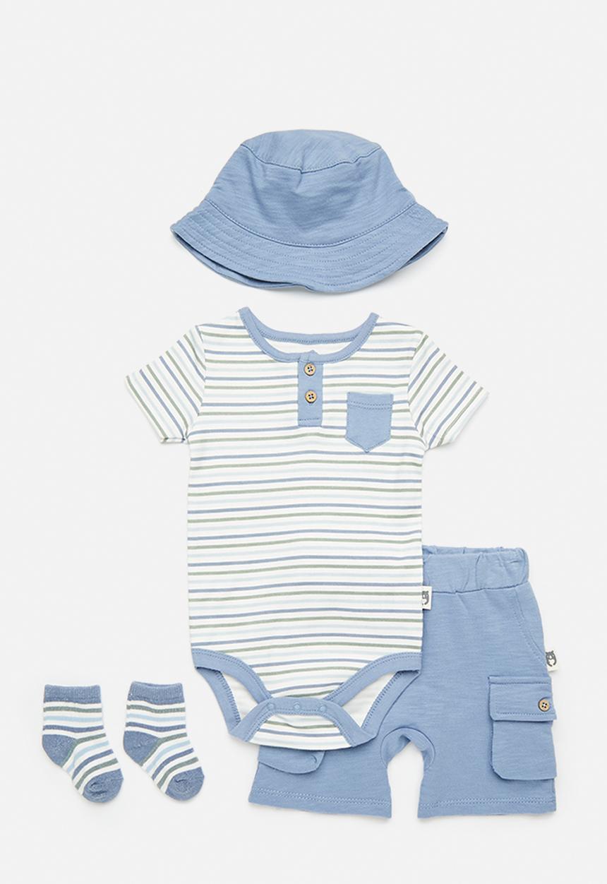 Pop Candy - Short sleeve romper & short set wit bucket hat & socks - white/blue