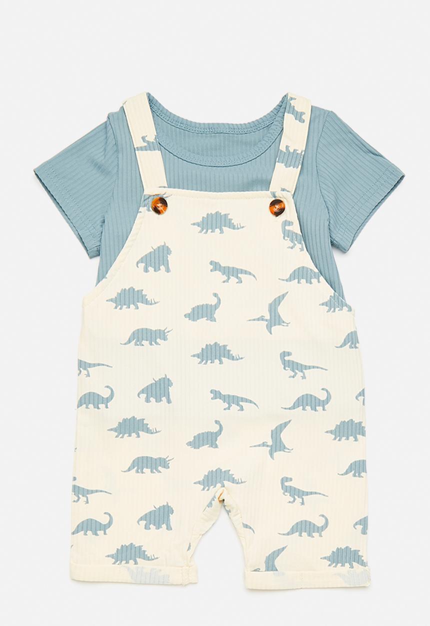 Pop Candy - Tee & shirt dungaree set - cream/blue/dinos