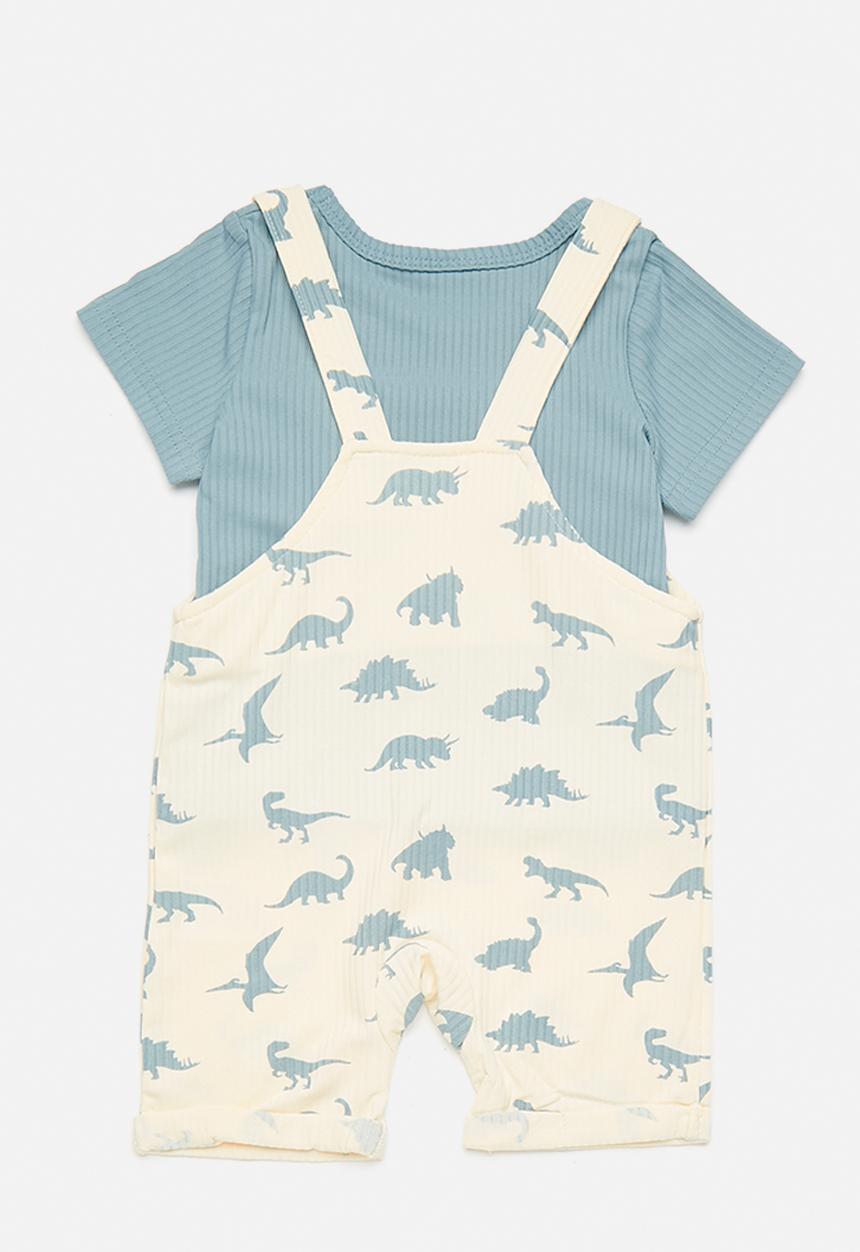 Pop Candy - Tee & shirt dungaree set - cream/blue/dinos