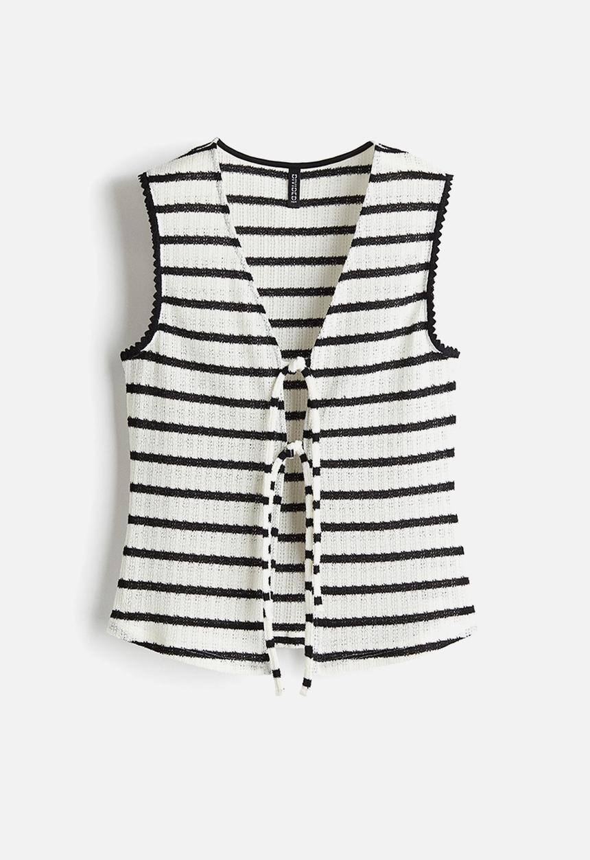 H&M - Knitted tie-front top - white/striped