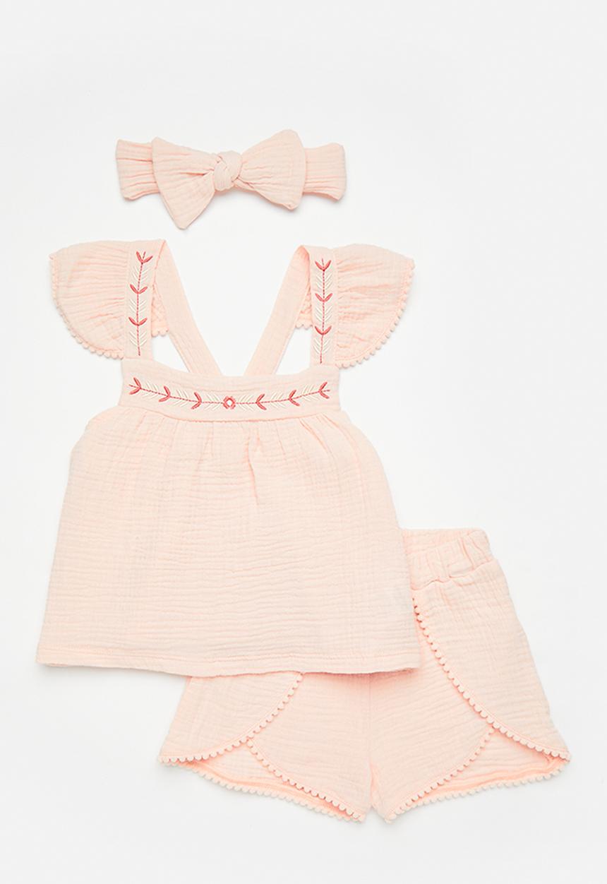 Pop Candy - Apron dress & short set with bow headband - dusty pink
