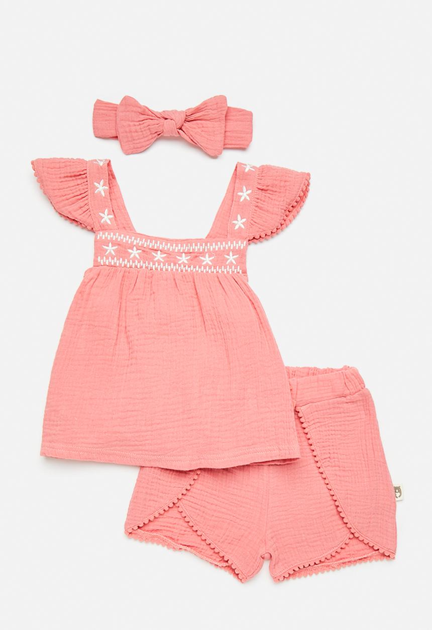 Pop Candy - Apron dress & short set with bow headband - watermelon pink