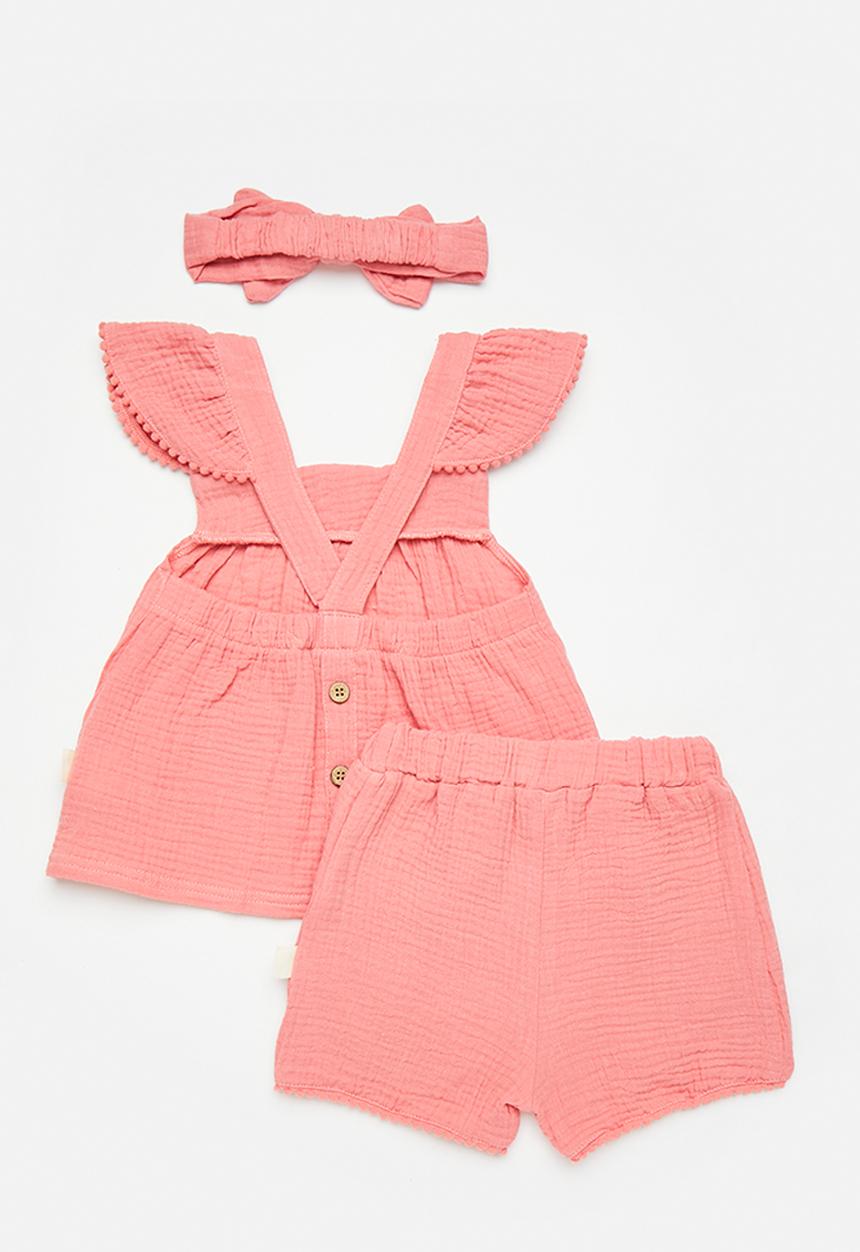 Pop Candy - Apron dress & short set with bow headband - watermelon pink