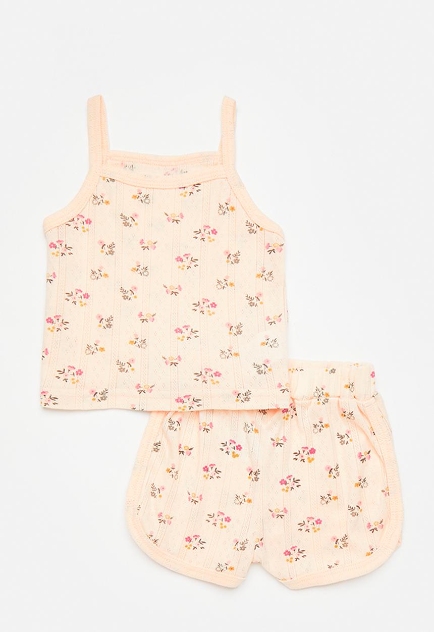 Pop Candy - Spaghetti strap top & curved hem shorts set - blush pink/floral