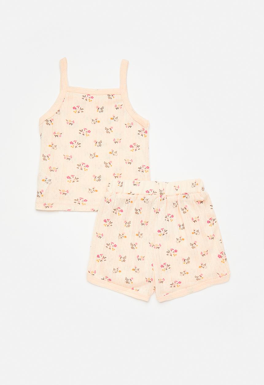 Pop Candy - Spaghetti strap top & curved hem shorts set - blush pink/floral