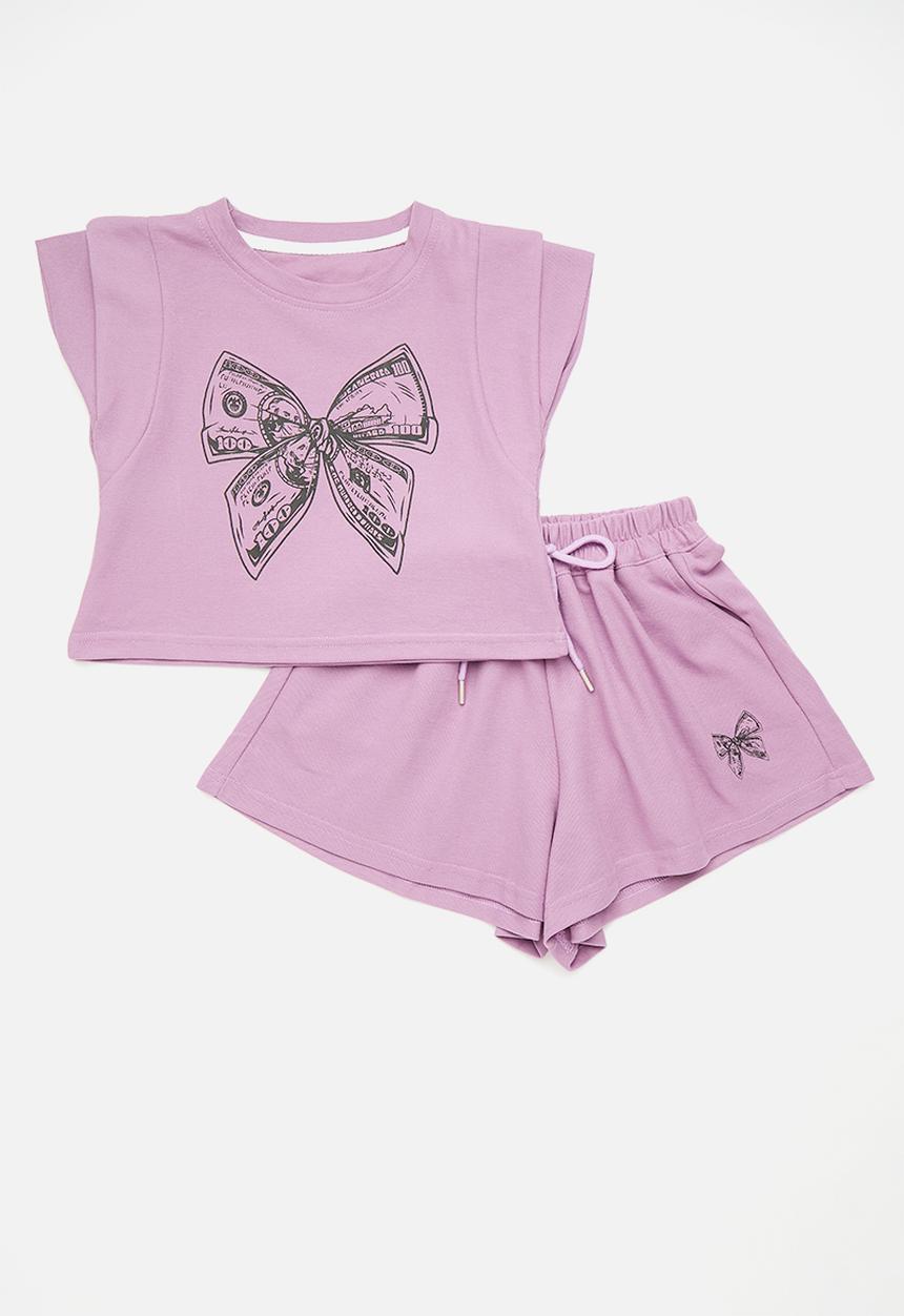 Pop Candy - Tee & gathered shorts set - bright lavender