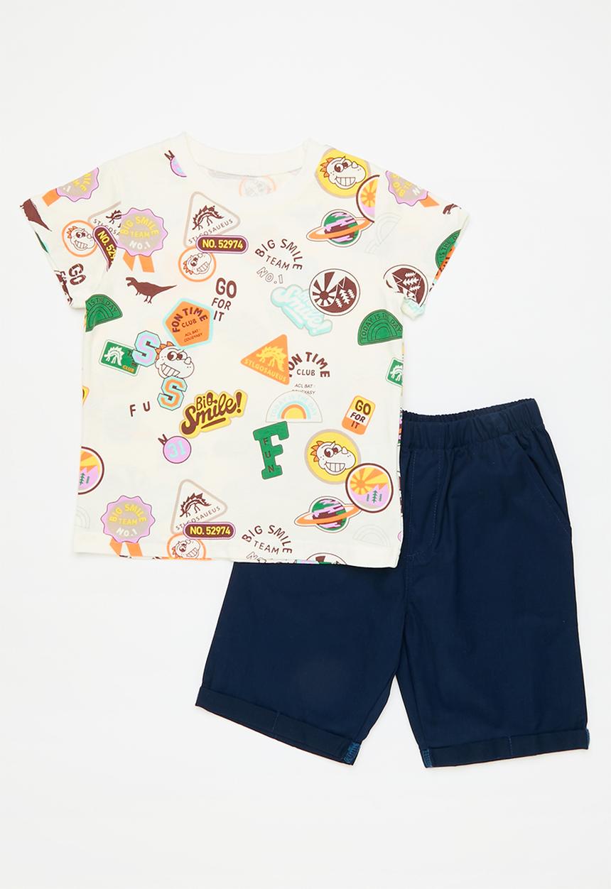 Pop Candy - Sticker all-over-print tee with plain shorts - multi/black