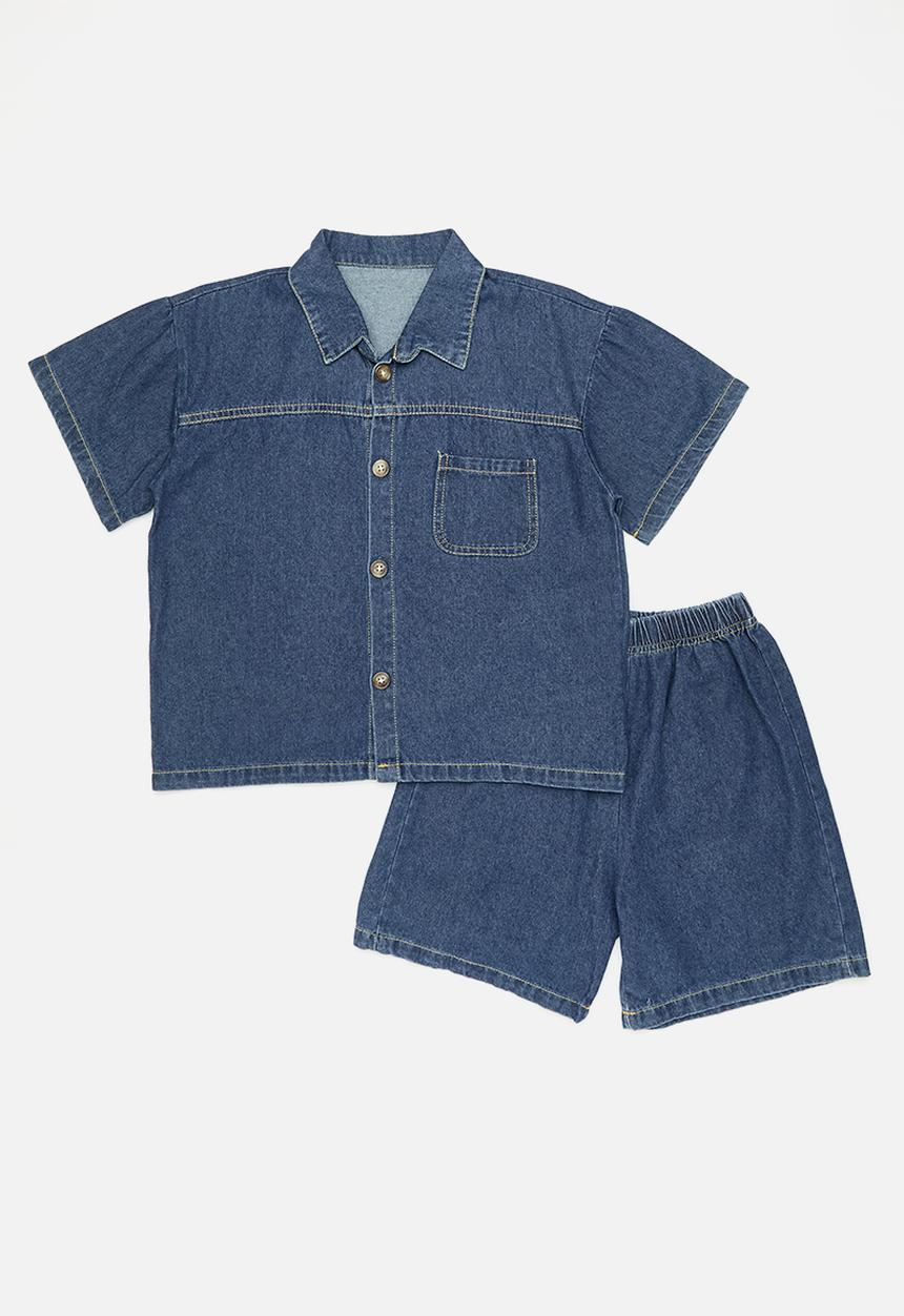 Pop Candy - Denim shirt & shorts set - navy blue