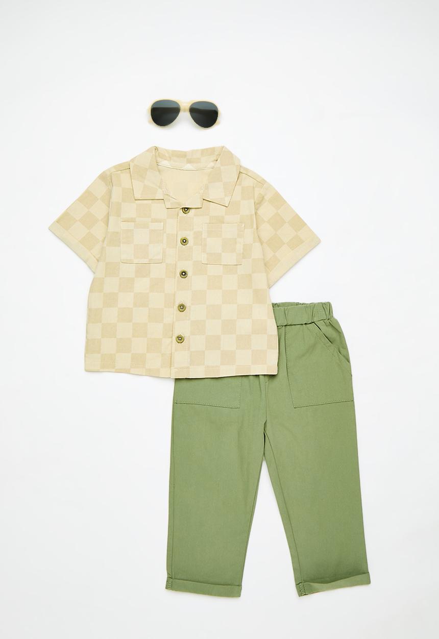 Pop Candy - Shirt and pants set - beige checkerboard/green