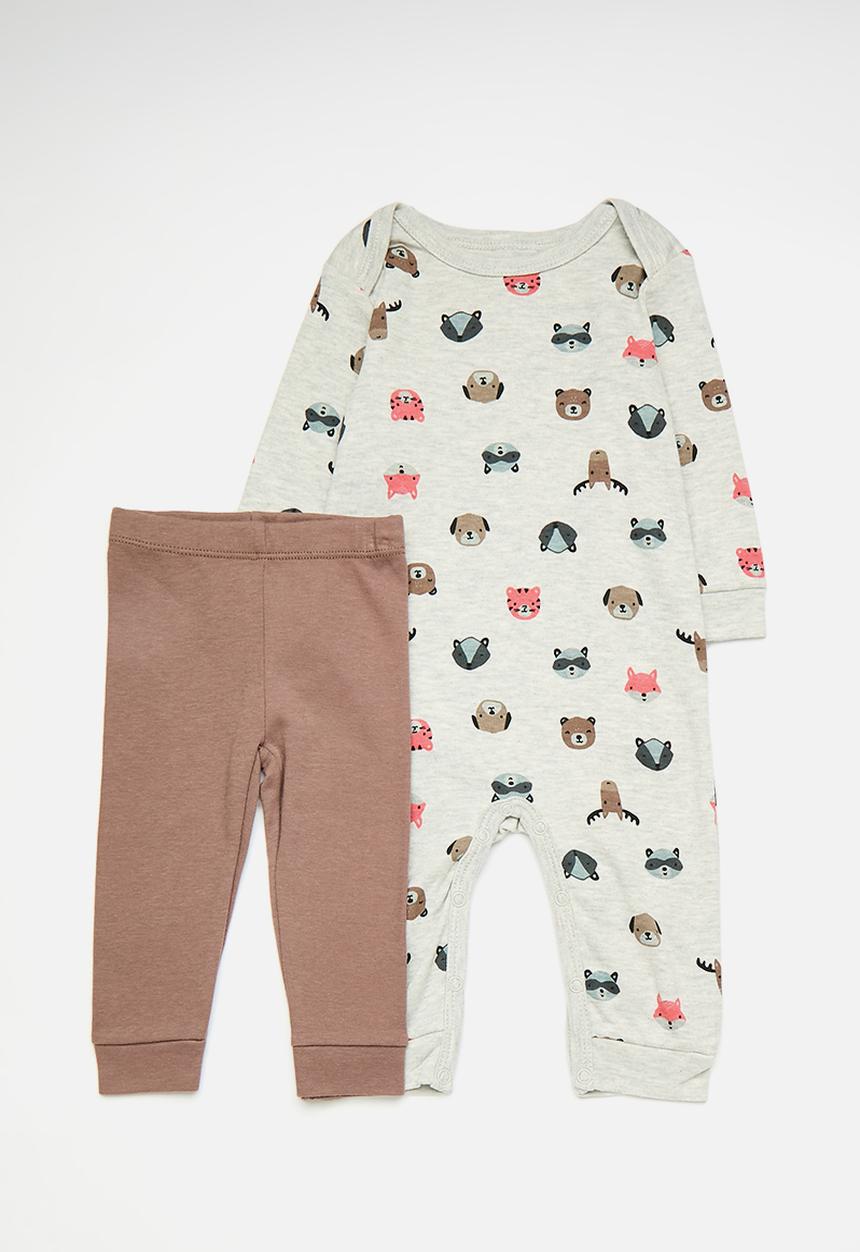 Pop Candy - Animal face aop romper with leggings - grey/brown