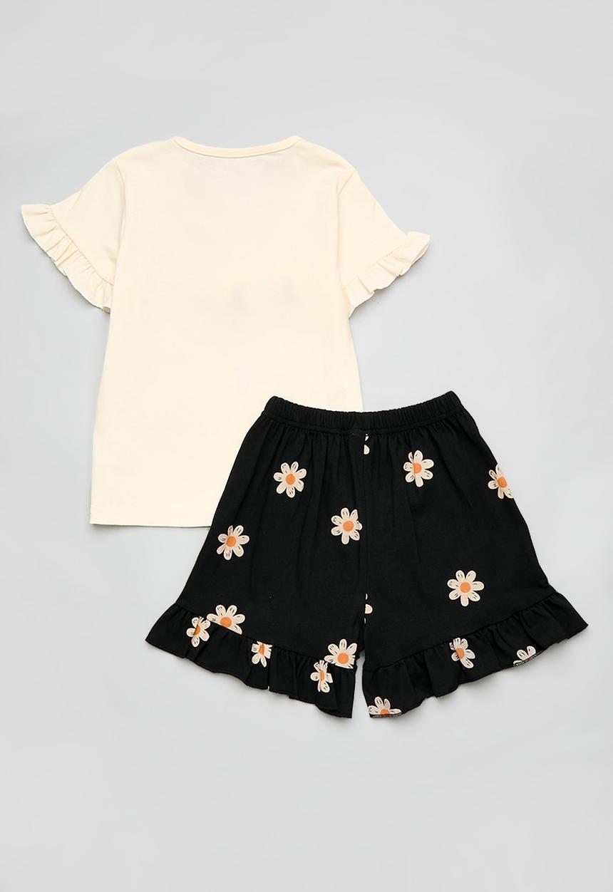 Pop Candy - Petal applique tee with floral aop shorts - cream/black