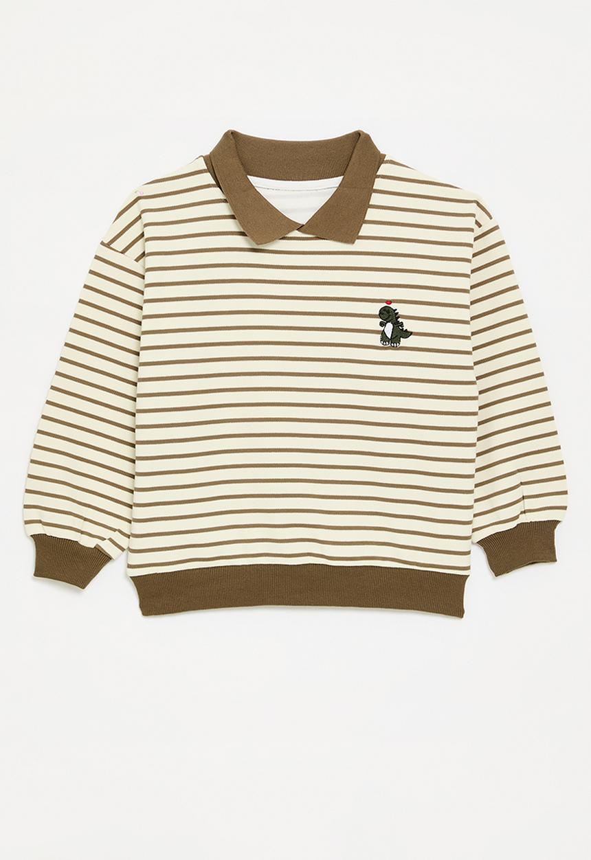 Pop Candy - Striped collared sweat top - ecru & brown