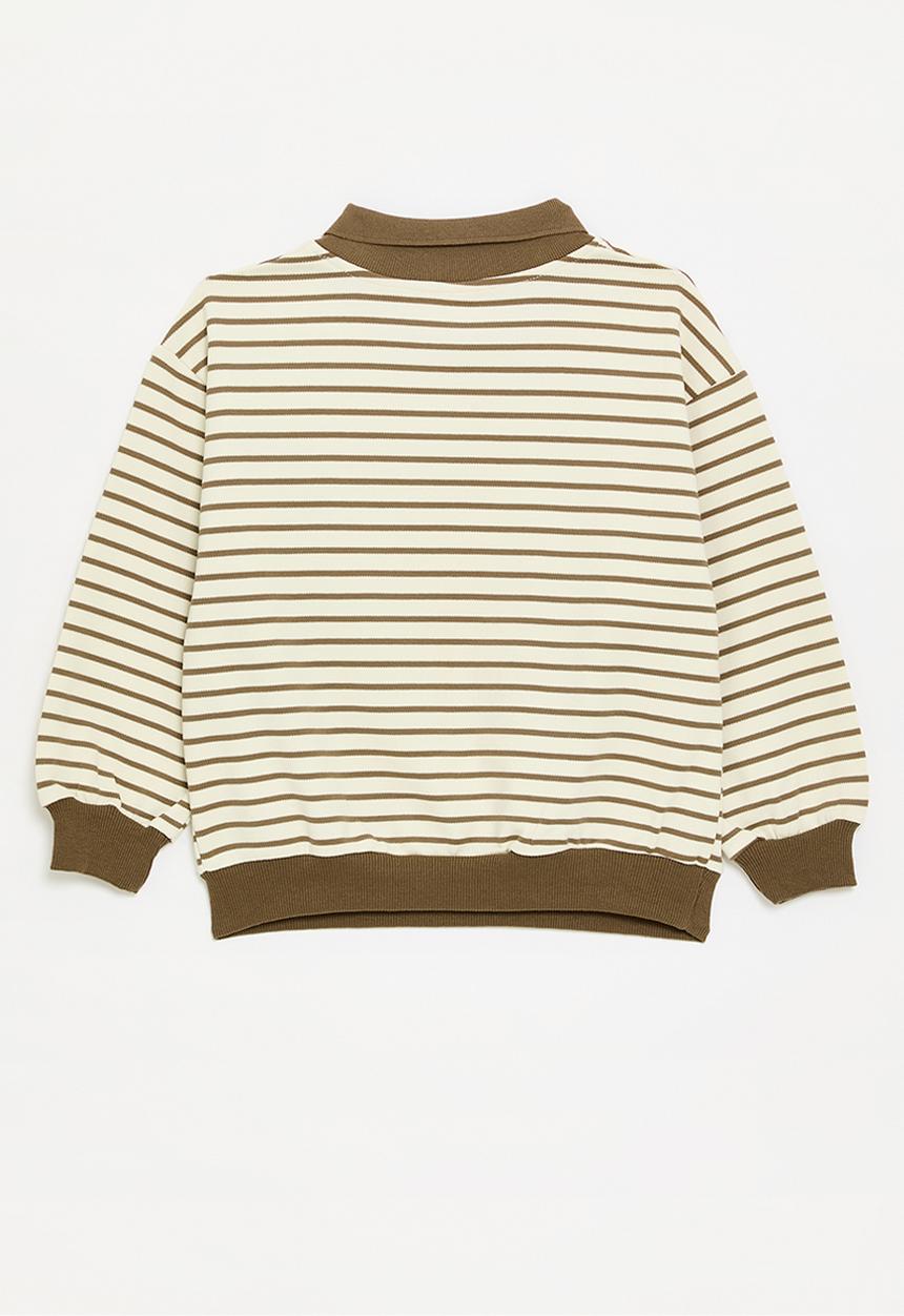 Pop Candy - Striped collared sweat top - ecru & brown