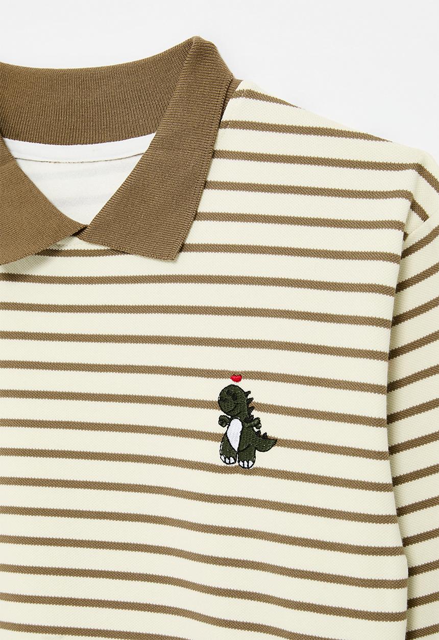 Pop Candy - Striped collared sweat top - ecru & brown