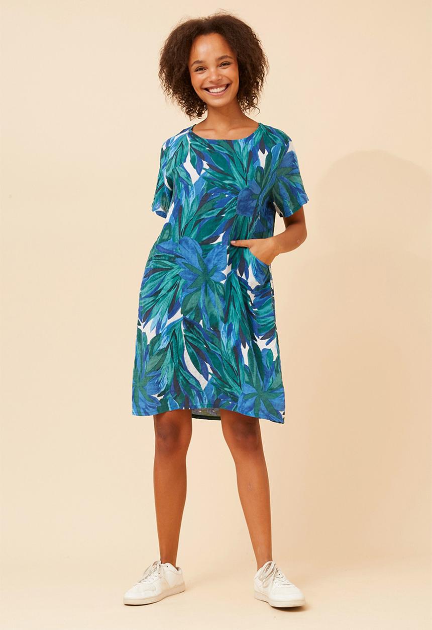 Stella Morgan - S/S Crew Neck Easy Wearing Lightweight Pocket Front Midi Dress - Multi Green And Blue
