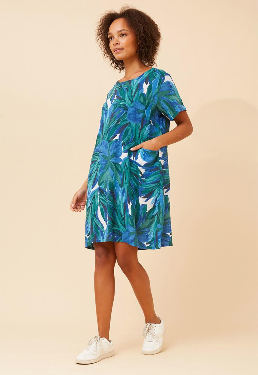 Stella Morgan - S/S Crew Neck Easy Wearing Lightweight Pocket Front Midi Dress - Multi Green And Blue