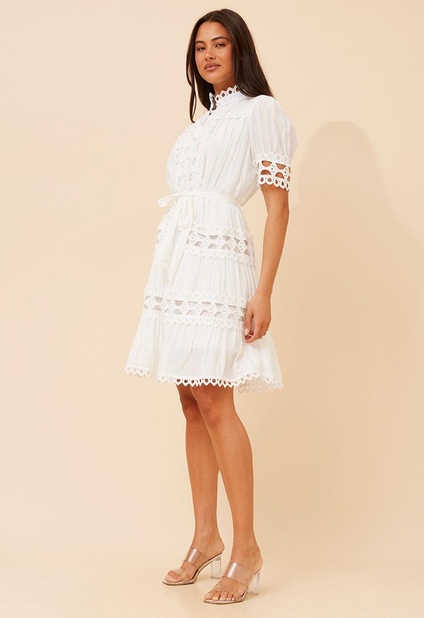 Stella Morgan - Lace button through s/s midi dress with mandarin scallop lace detail - white
