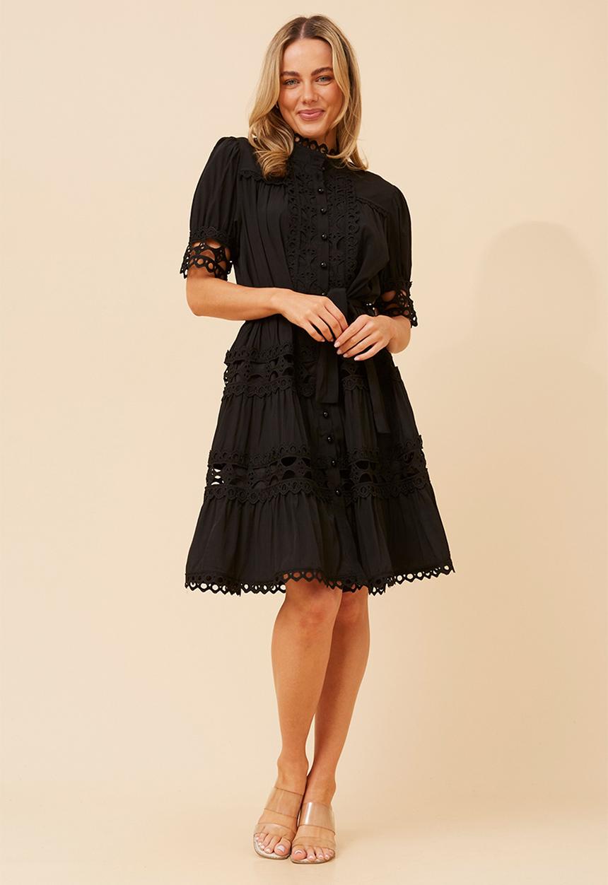 Stella Morgan - Lace button through s/s midi dress with mandarin scallop lace detail - black