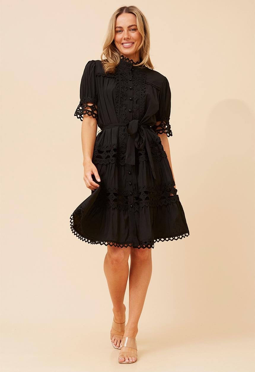 Stella Morgan - Lace button through s/s midi dress with mandarin scallop lace detail - black