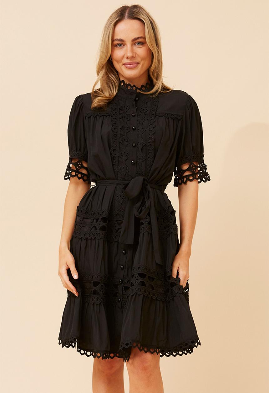 Stella Morgan - Lace button through s/s midi dress with mandarin scallop lace detail - black