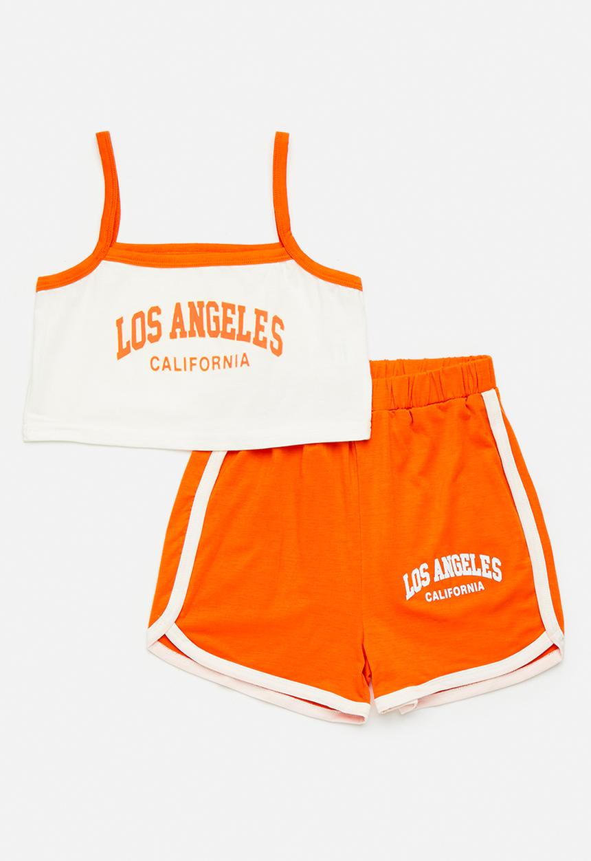 Pop Candy - Camisole & curved hem shorts set - white/orange