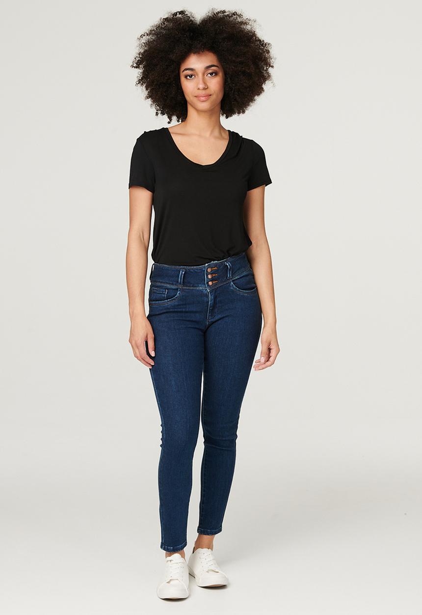 Stella Morgan - 3 Button Waistband Skinny Ankle Denim Jean - Dark Denim