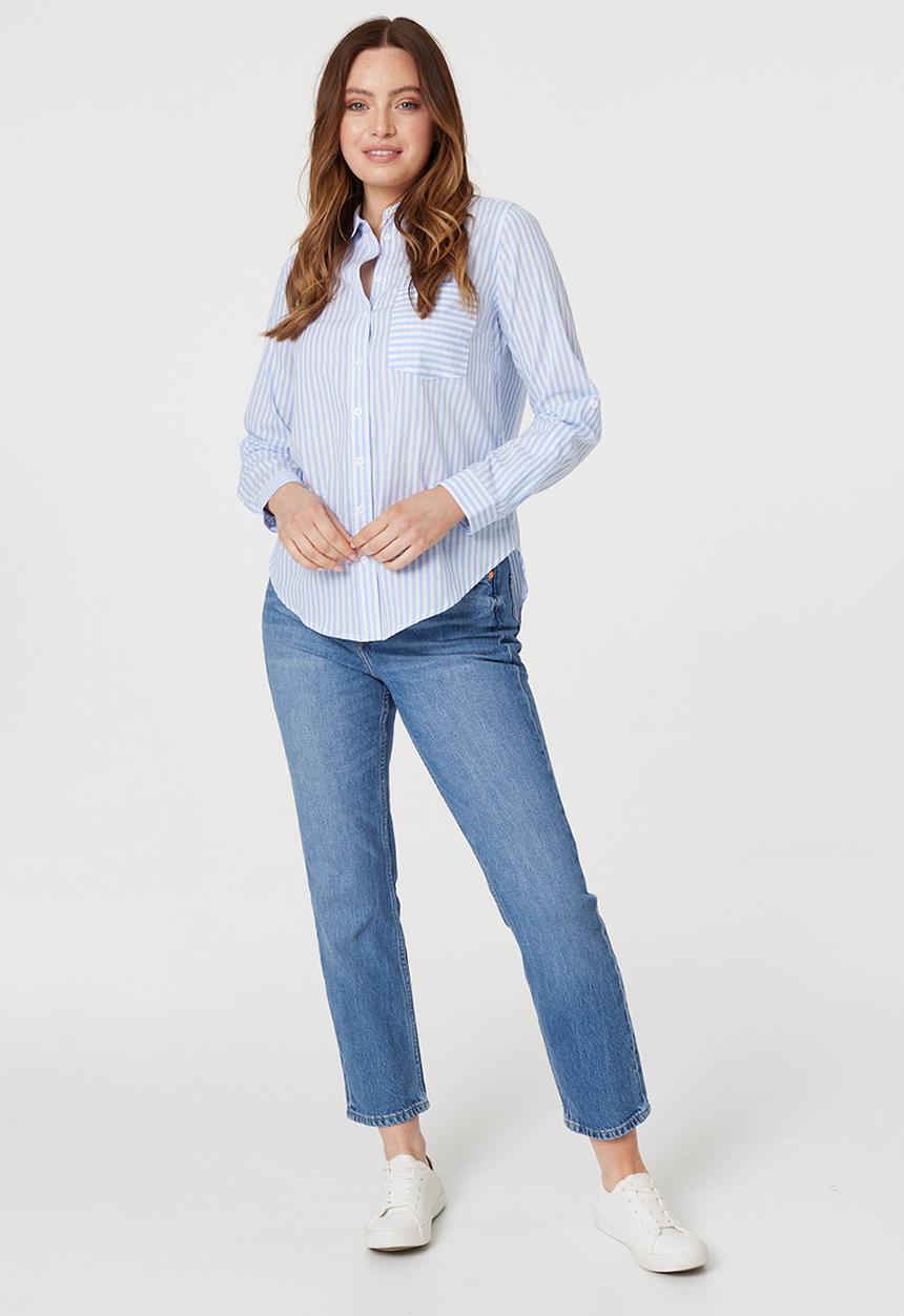 Stella Morgan - L/S Collared Button Through Stripe Shirt With Pocket - Indigo