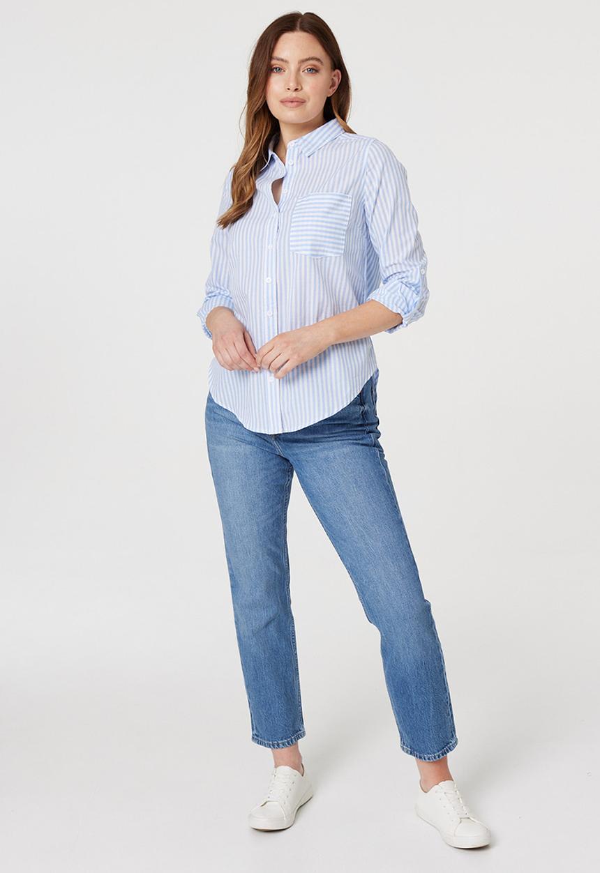 Stella Morgan - L/S Collared Button Through Stripe Shirt With Pocket - Indigo