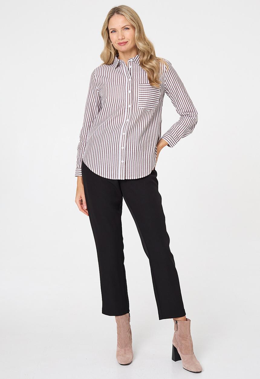 Stella Morgan - L/S Collared Button Through Stripe Shirt With Pocket - Chocolate