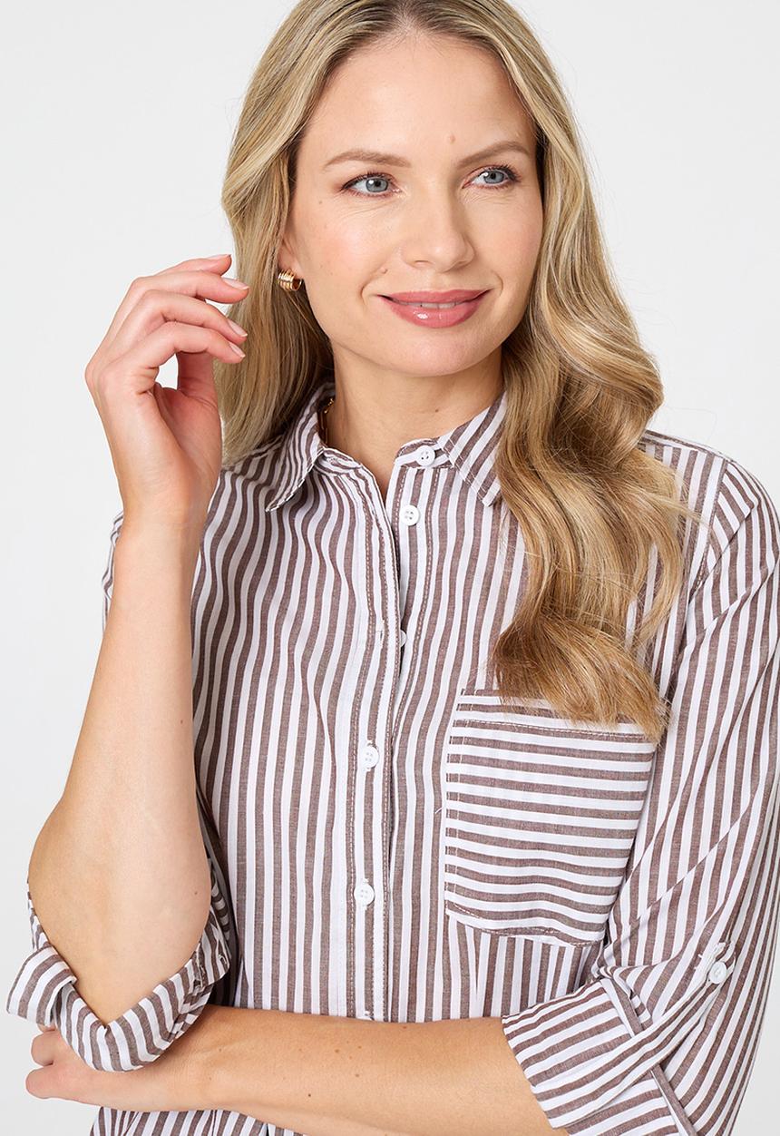 Stella Morgan - L/S Collared Button Through Stripe Shirt With Pocket - Chocolate