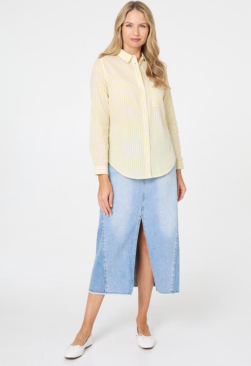 Stella Morgan - L/S Collared Button Through Stripe Shirt With Pocket - Lemon Sorbet