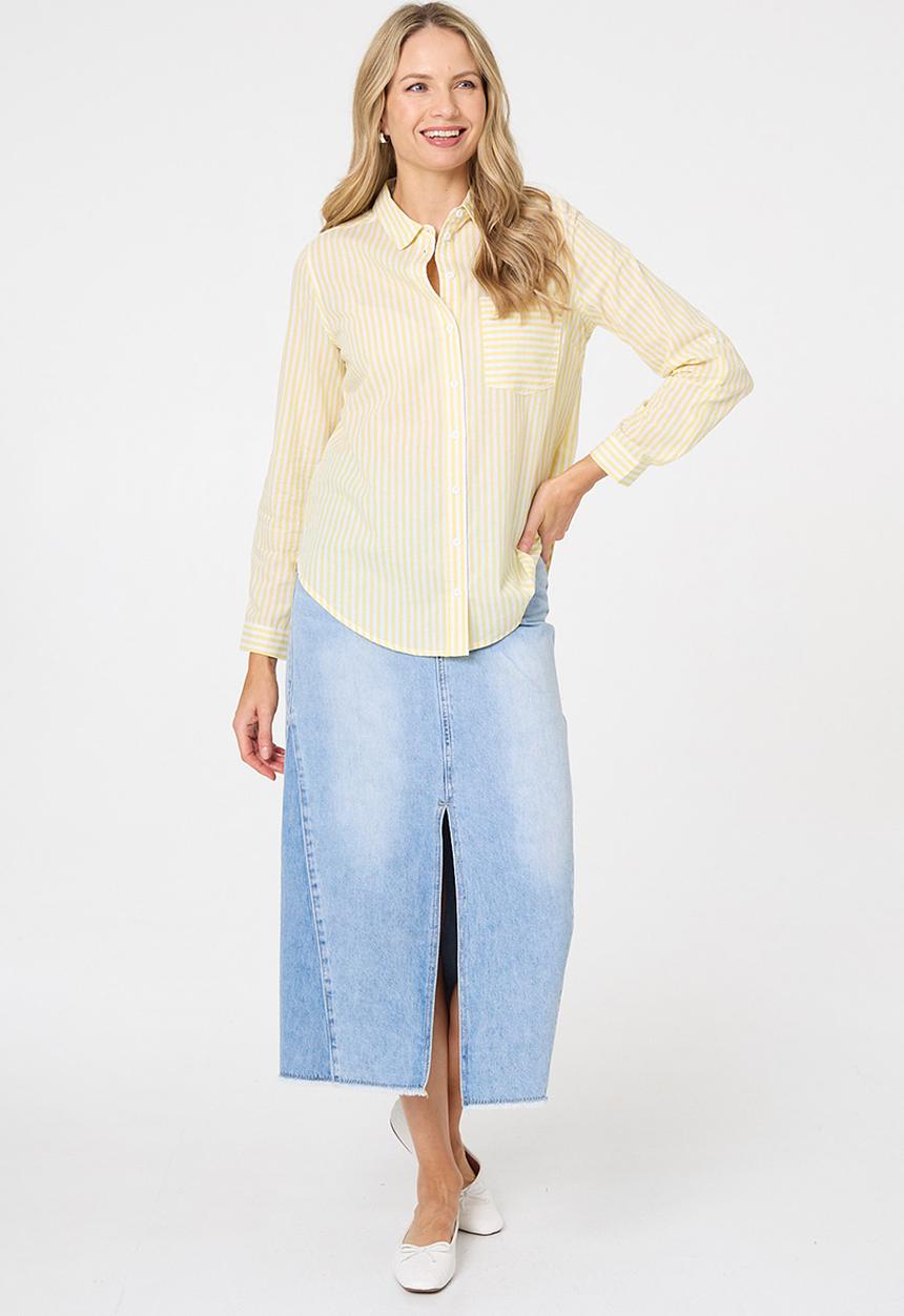 Stella Morgan - L/S Collared Button Through Stripe Shirt With Pocket - Lemon Sorbet