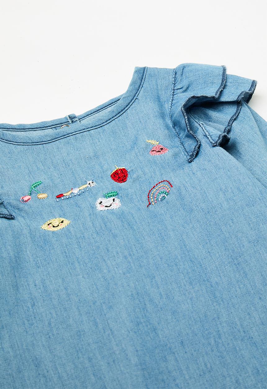 Pop Candy - Embroidered chambray denim blouse with leggings - blue/cream