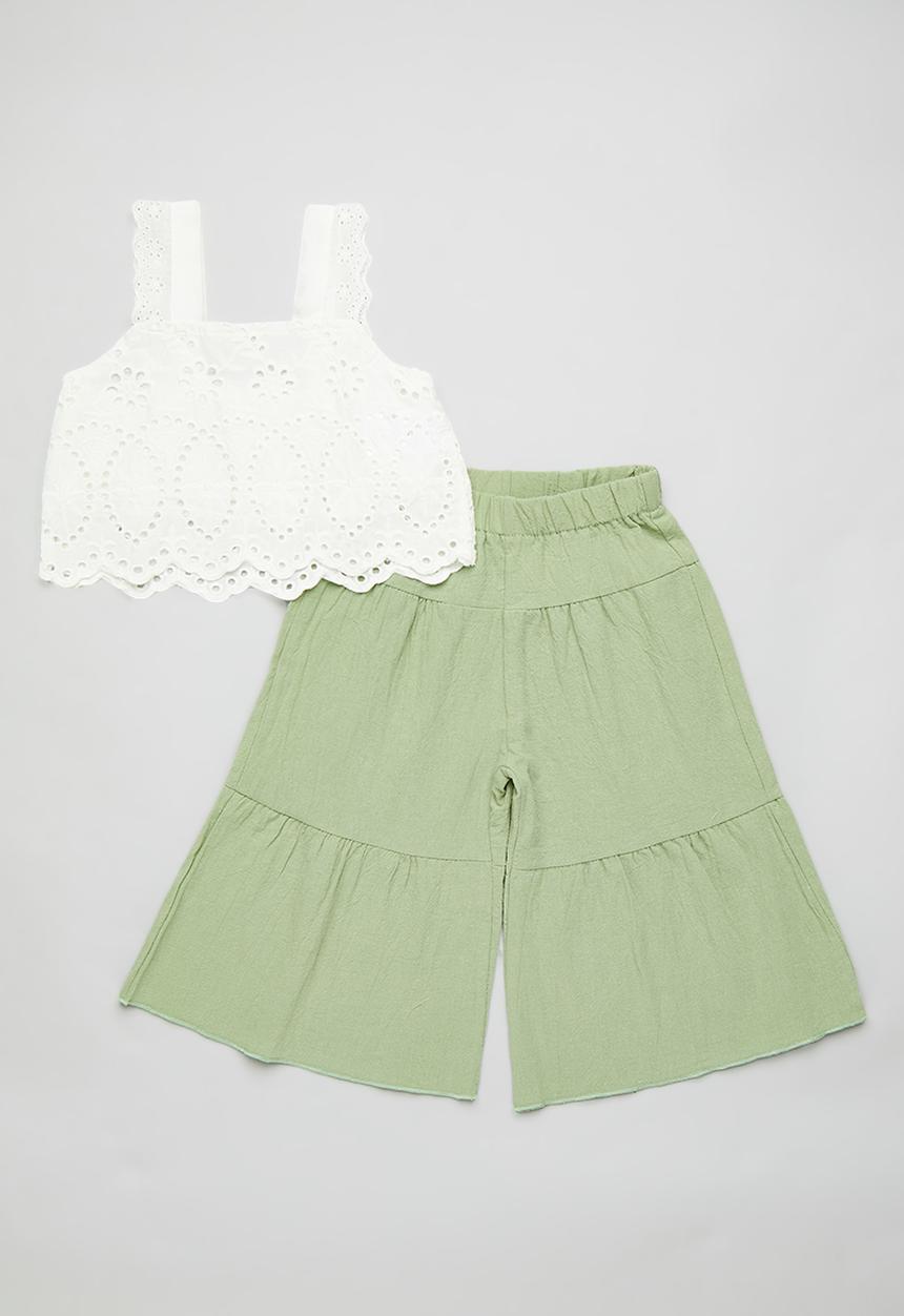 Pop Candy - Sleeveless anglaise top & gathered pants set - white/green