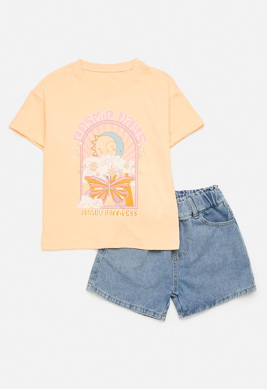 Pop Candy - Tee & denim shorts set - orange & blue
