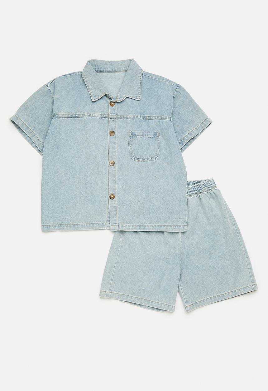 Pop Candy - Denim shirt & shorts set - light steel blue