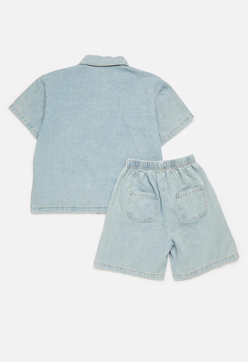 Pop Candy - Denim shirt & shorts set - light steel blue