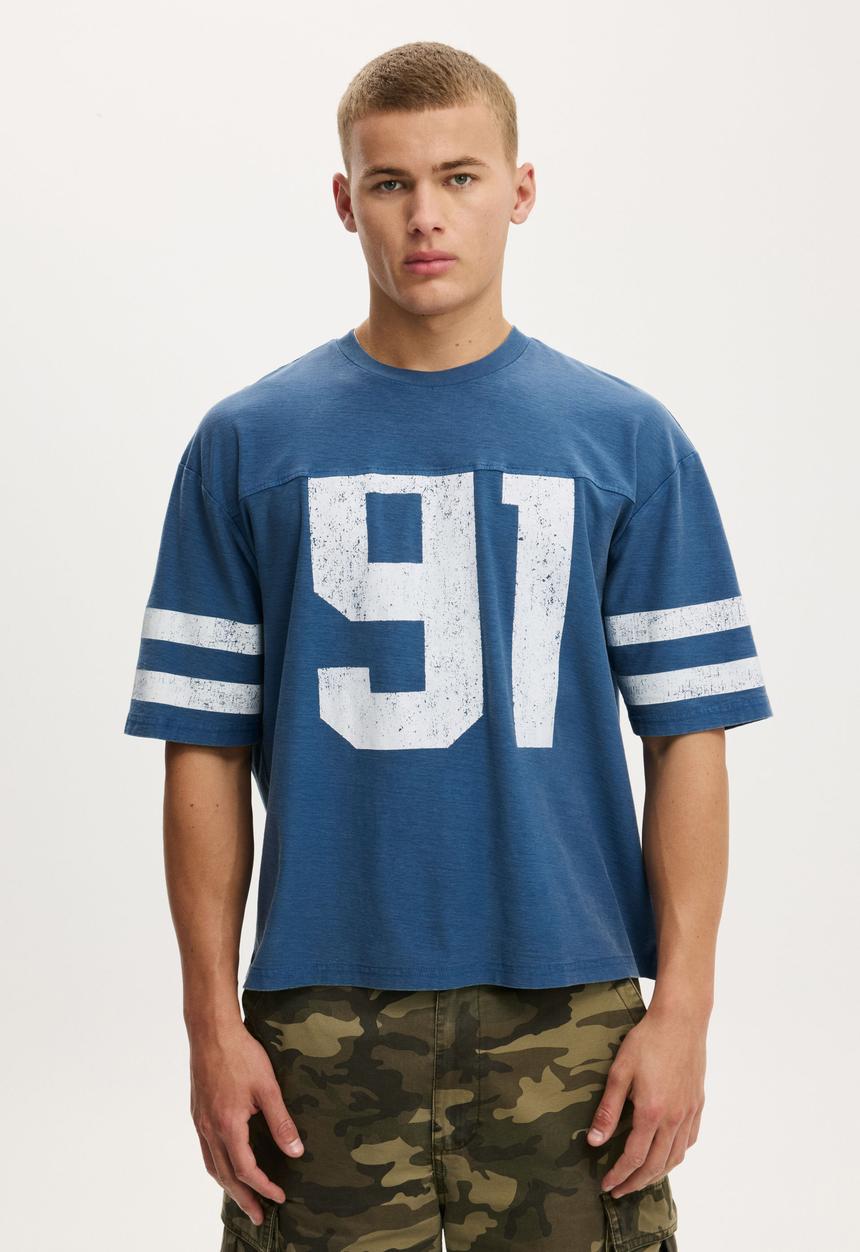 Cotton On - Cropped Fit Graphic T-shirt - Washed Cobalt/91 Stripe Panel