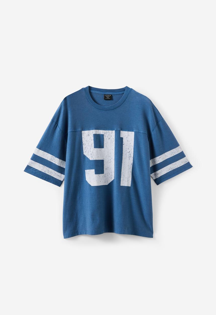 Cotton On - Cropped Fit Graphic T-shirt - Washed Cobalt/91 Stripe Panel