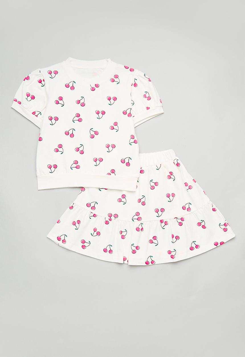 Pop Candy - Puffed sleeve top with frilled skirt set - white/cherries