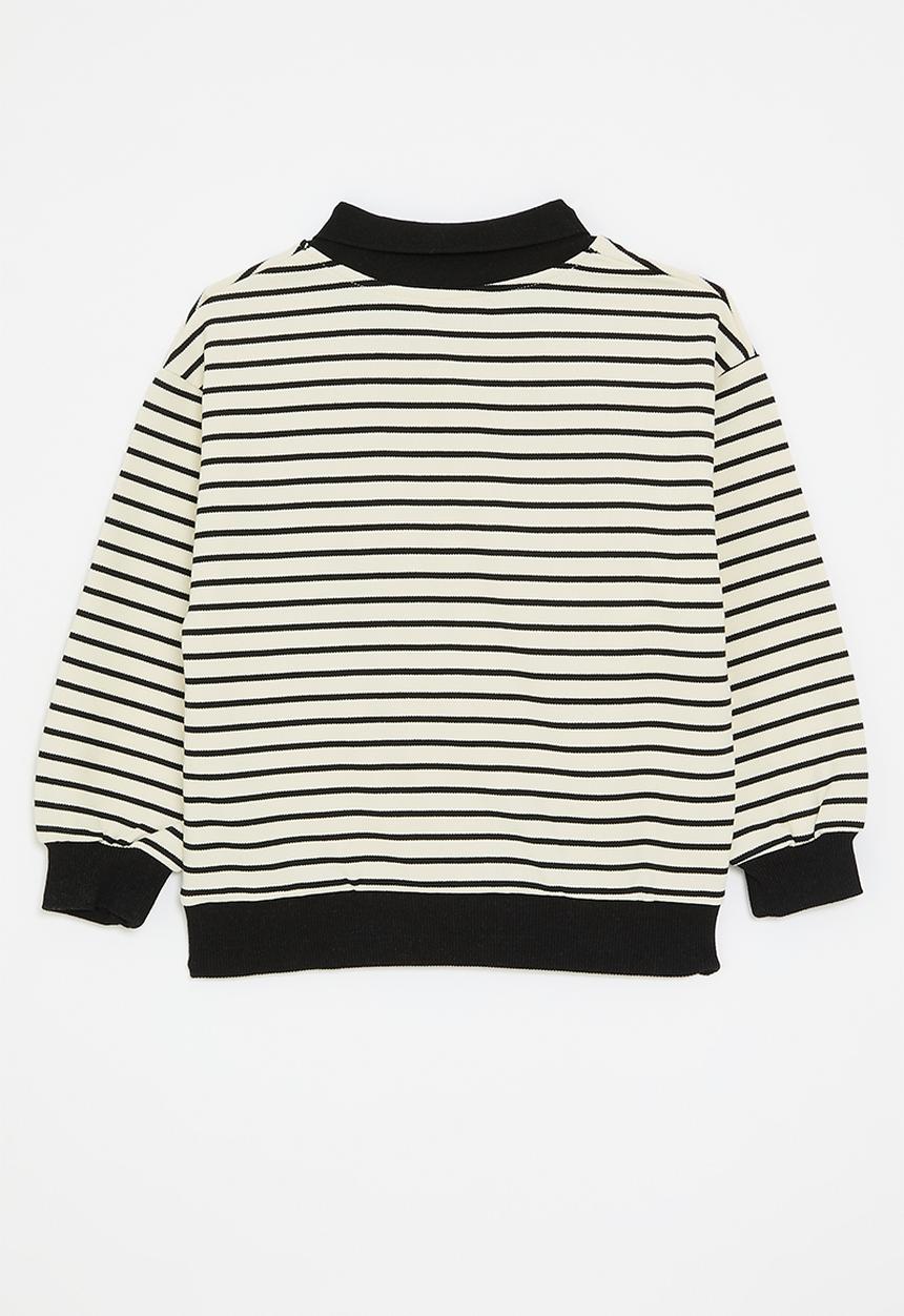 Pop Candy - Striped collared sweat top-black & white