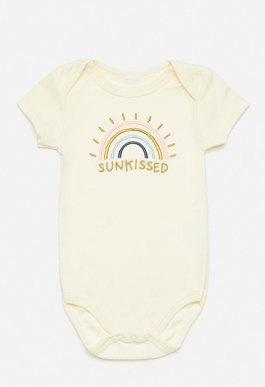 Pop Candy - Embroidered graphic and slogan romper - cream/rainbow/sunkissed